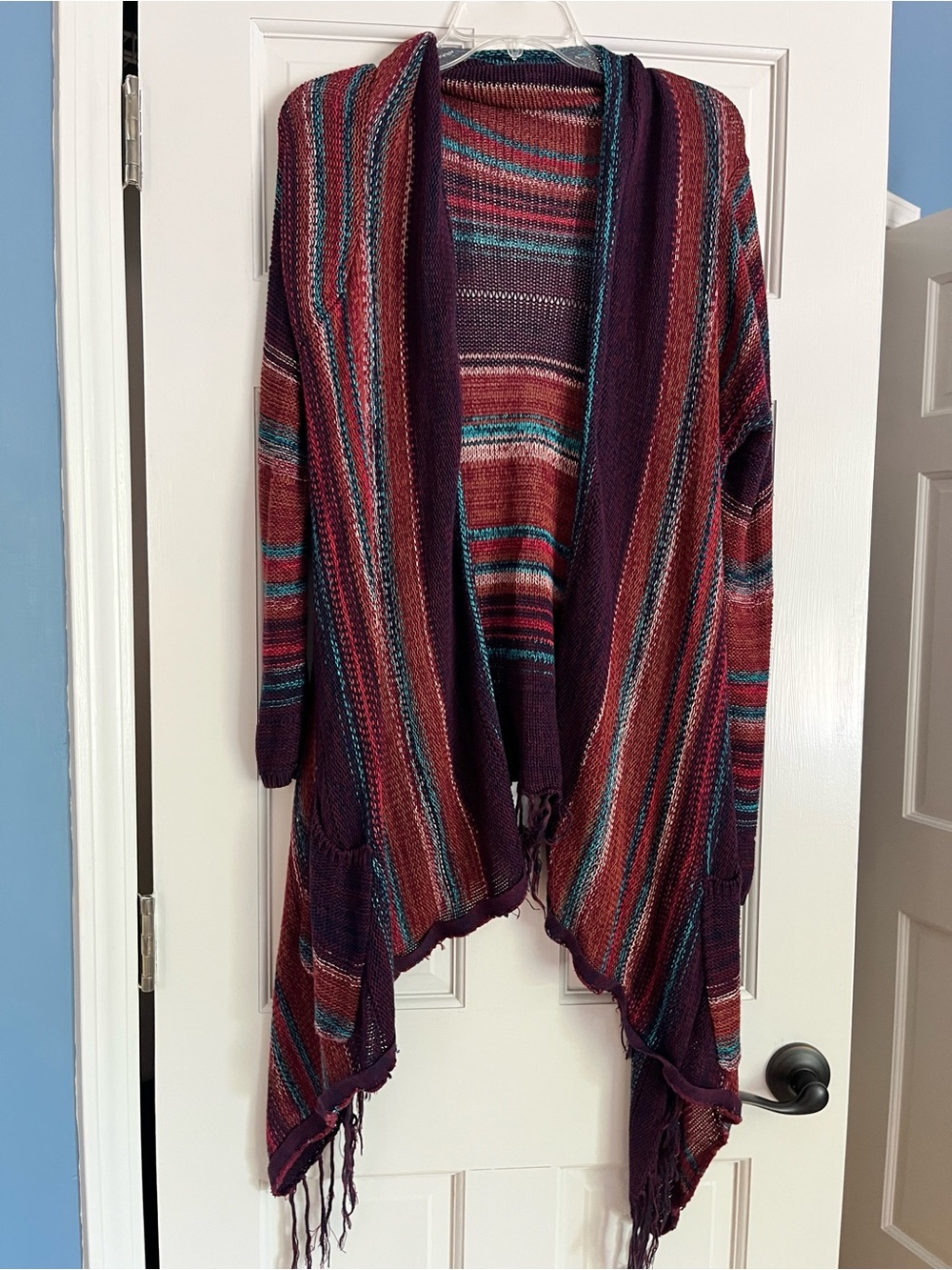 Billabong Multicolor Striped Open-Front Shawl Cardigan with Fringe
